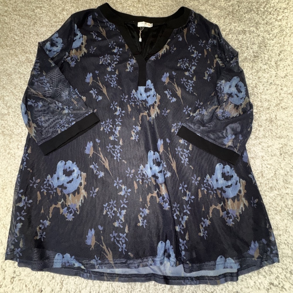 OURS Sheer Blouse‎ Top Gray Blue Floral V-Neck Size XXL Cottagecore